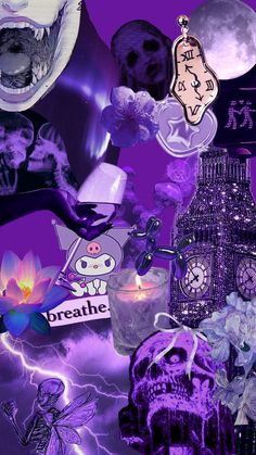 purple and black collage with skulls, flowers, candles, and other items in the background