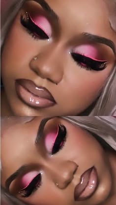 Face Beat Makeup Glitter, Nicki Minaj Makeup Looks, Hot Pink Makeup Looks Black Women, Pink Birthday Makeup For Black Women, Hot Pink Prom Makeup, Birthday Eyeshadow Looks, Light Pink Makeup Looks Black Women, Black And Pink Eyeshadow, Pink Eyeshadow Looks Black Women