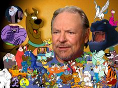 an old man is surrounded by cartoon characters