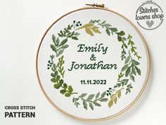 a cross stitch pattern with the words, family and jonathan in a circle surrounded by leaves