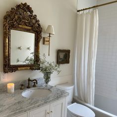 a bathroom with a sink, toilet and mirror