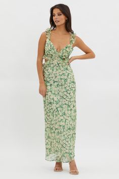 Second Chances Ruffle Trim Maxi Dress Flowers Green Light Green Bridesmaid, Wedding Guest Cocktail Dress, Cocktail Dress Code, Emerald Cut Solitaire, Sage Green Floral, Selfie Leslie, Veil Hairstyles, Second Chances, Flowers Green