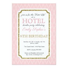 a pink and gold birthday party card with the word hotel on it's front