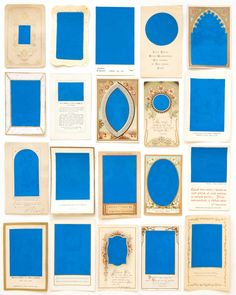 an assortment of blue and white cards with frames on the front, back and sides