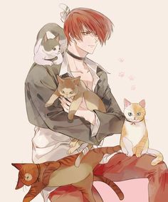 an anime character holding two cats and one cat sitting on top of another person's shoulder