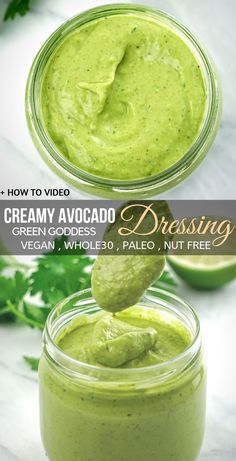 creamy avocado dressing in a jar with a spoon