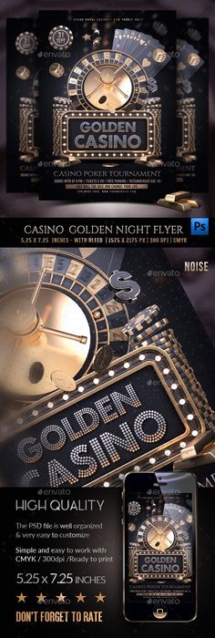 the casino flyer is shown in gold and black colors, with an elegant clock on it