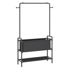 a black metal shelf with two shelves on each side and an iron frame over the top