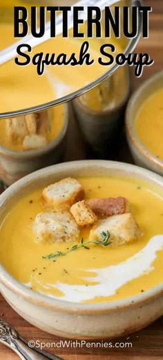 butternut squash soup with croutons in bowls