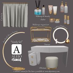 an assortment of bathroom items with gold accents