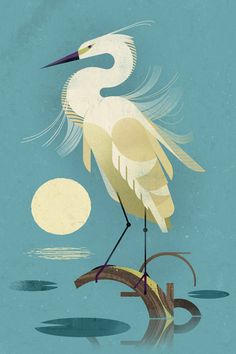 a painting of a bird standing on a branch in the water with moon behind it