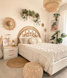 a bed room with a neatly made bed and wicker decor on the wall above it