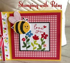 a close up of a card with a bee on it and the words stamping with patsy