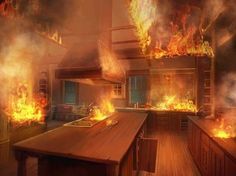 a kitchen filled with lots of fire next to a wooden table and stove top oven