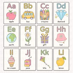 an alphabet flash card with pictures of different objects and letters on it's sides