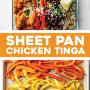 sheet pan chicken tinga with peppers and other ingredients in the bottom left hand corner