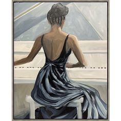 a painting of a woman in a dress sitting at a piano looking out the window