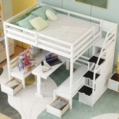 a white loft bed with stairs to the top and desk underneath it in a bedroom