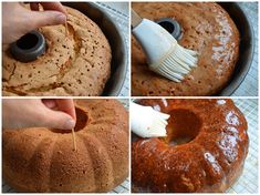 four pictures showing how to frost a bundt cake