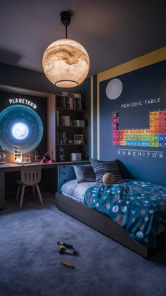 a child's bedroom with a bed, desk and bookshelf in it