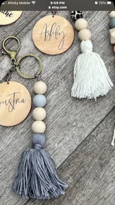 wooden keychains with tassels and personalized name tags