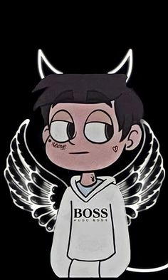 a drawing of a boy with horns and wings on his head, wearing a shirt that says boss