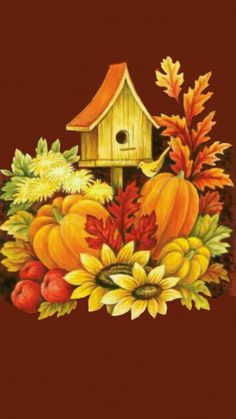 a birdhouse surrounded by autumn leaves and pumpkins on a brown background with fall foliage