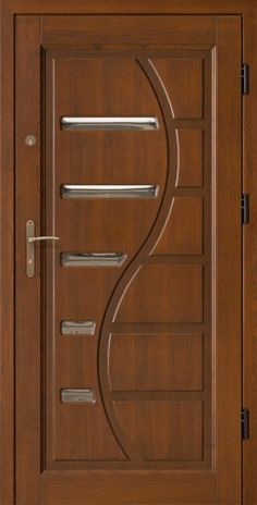 a wooden door with metal handles and decorative designs on the front part of the door