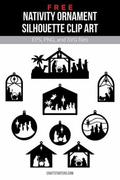 the nativity ornament silhouette clip art is shown in black and white, with different