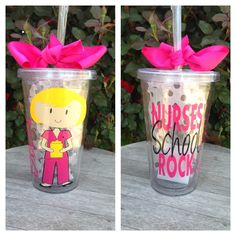 two pictures of the same cup with pink bows on it and one has a nurse's school rock design