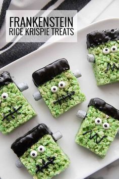 green rice krispy treats with black eyes and googly eyes are on a white plate