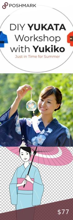 a woman holding an umbrella in front of her face with the words diy yukata workshop with yuki