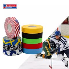 hockey tape with an american flag on it and two men playing hockey in the background