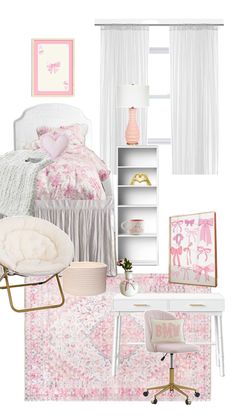 a bedroom with pink and white decor on the walls, carpeted flooring and furniture