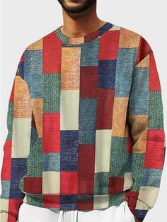 "Elevate your winter style with our Men's Color Block Patchwork Crew Neck Sweatshirts – the perfect blend of comfort and trend. Stay cozy, stay stylish. ❄️🔥 #WinterFashion #MensStyle #ComfortMeetsStyle" Art Sweatshirt, Trendy Sweaters, Winter Outfits Men, Loose Pullover, Business Casual Men, Casual Winter Outfits, Jacket Pattern