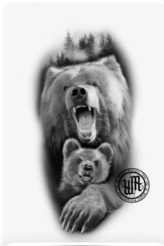 a bear and its cub are shown in this black and white photo with the word monogram