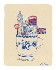 a drawing of london in a tea cup