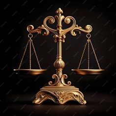 a golden balance scale with an ornate design on it, against a black background 3d rendering