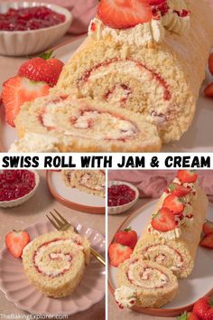 the swiss roll with jam and cream is cut in half to show what it looks like