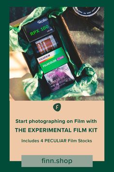 a camera and some books on a table with the text start photographing on film with the experiental film kit includes 4 peculiar film stocks