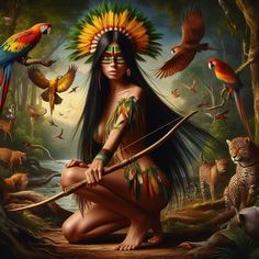 a painting of a native american woman holding a bow and arrows in front of animals