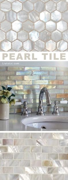 a white tile backsplash with the words pearl tile on it and an image of a