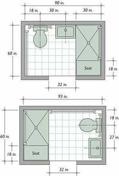 two drawings of a bathroom with toilet and sink, measurements for the size of the room