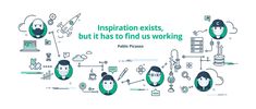 an illustration with the words, inspiration existets, but it has to find us working