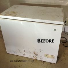 an old white refrigerator with the words before on it's door and bottom panel