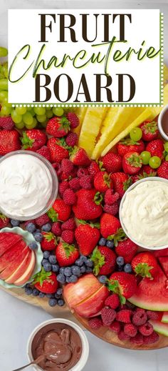 fruit and dips on a platter with the title overlay reads, fruit appetizer board