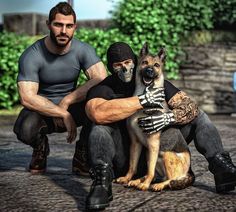 two men are sitting next to a dog wearing skeleton clothing and black boots while another man is in grey shirt