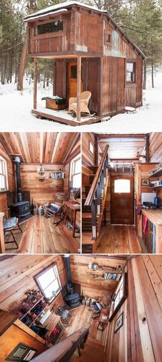 the inside and outside of a small cabin