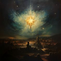 a painting of a star in the sky above a city