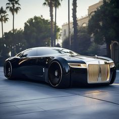 a futuristic car is parked in front of some palm trees and buildings on the street